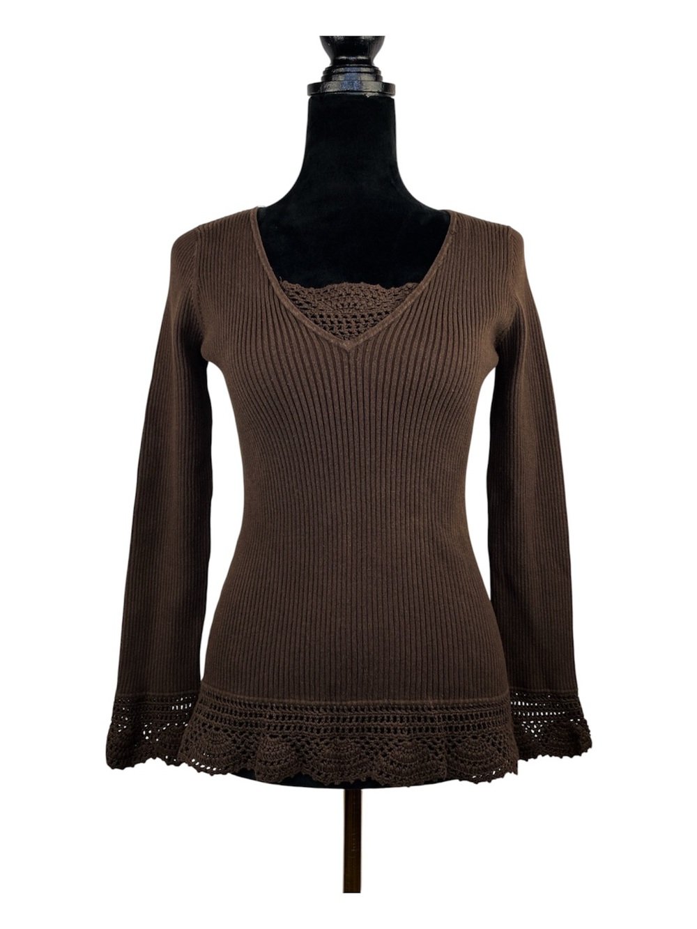 Chocolate Brown Ribbed Crochet Lace Trim Fitted Long Sleeve Sweater S/M